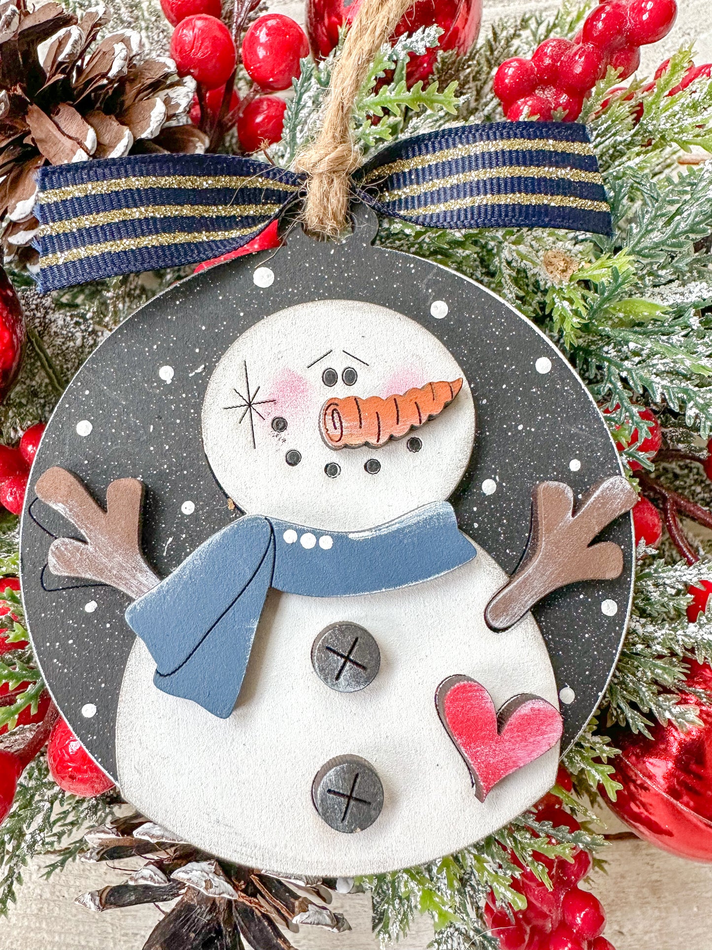 Snowman Ornament with White Bow and Heart Accent