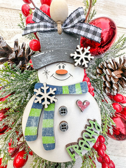 Handcrafted “Frosty” Snowman Ornament green & blue