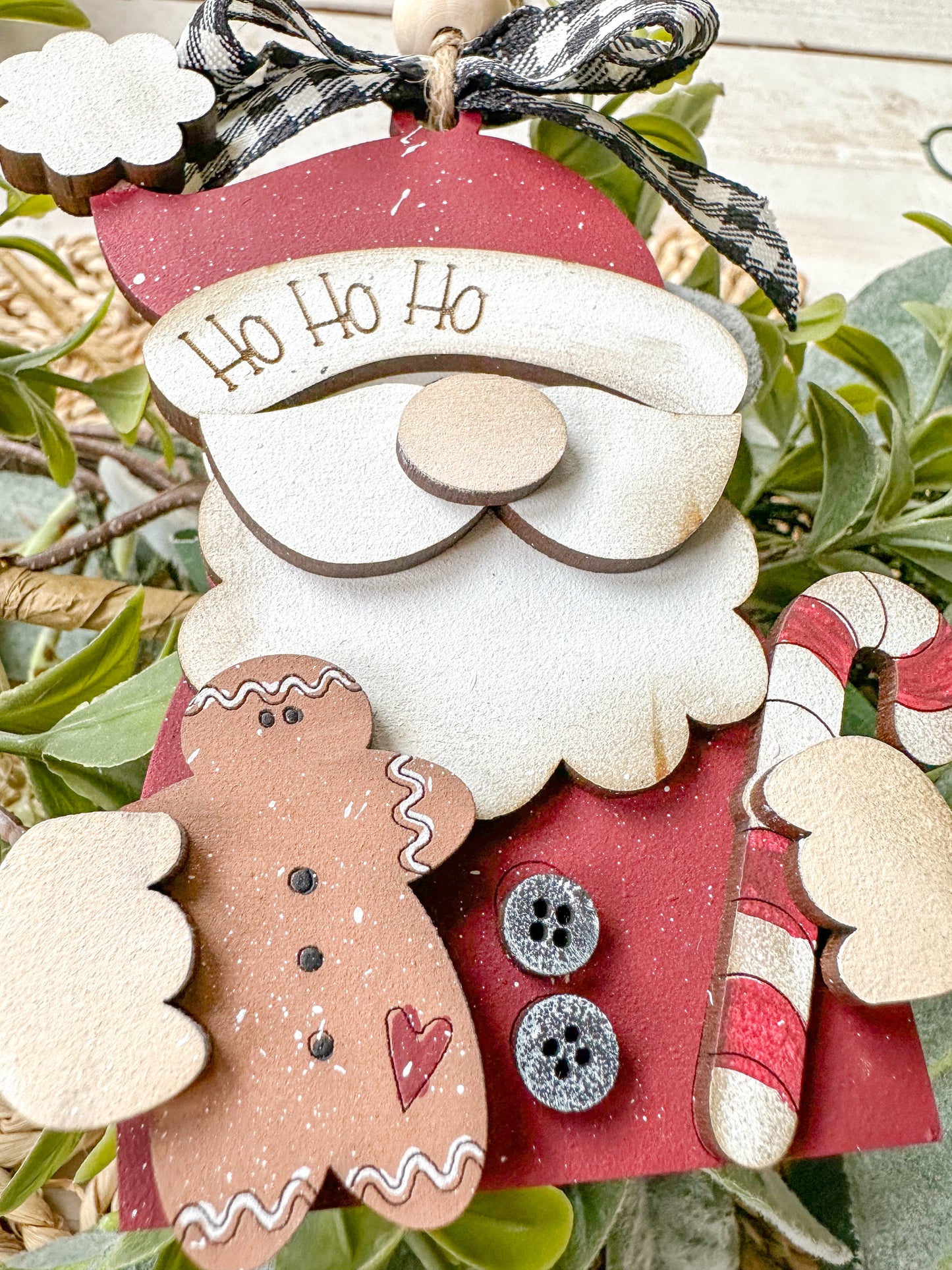 Hand-Painted Santa Ornament - 3D Wooden Christmas Decor with Gingerbread & Candy Cane