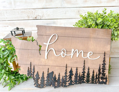 Washington State Home Sign with Bigfoot – Rustic PNW Wall Art