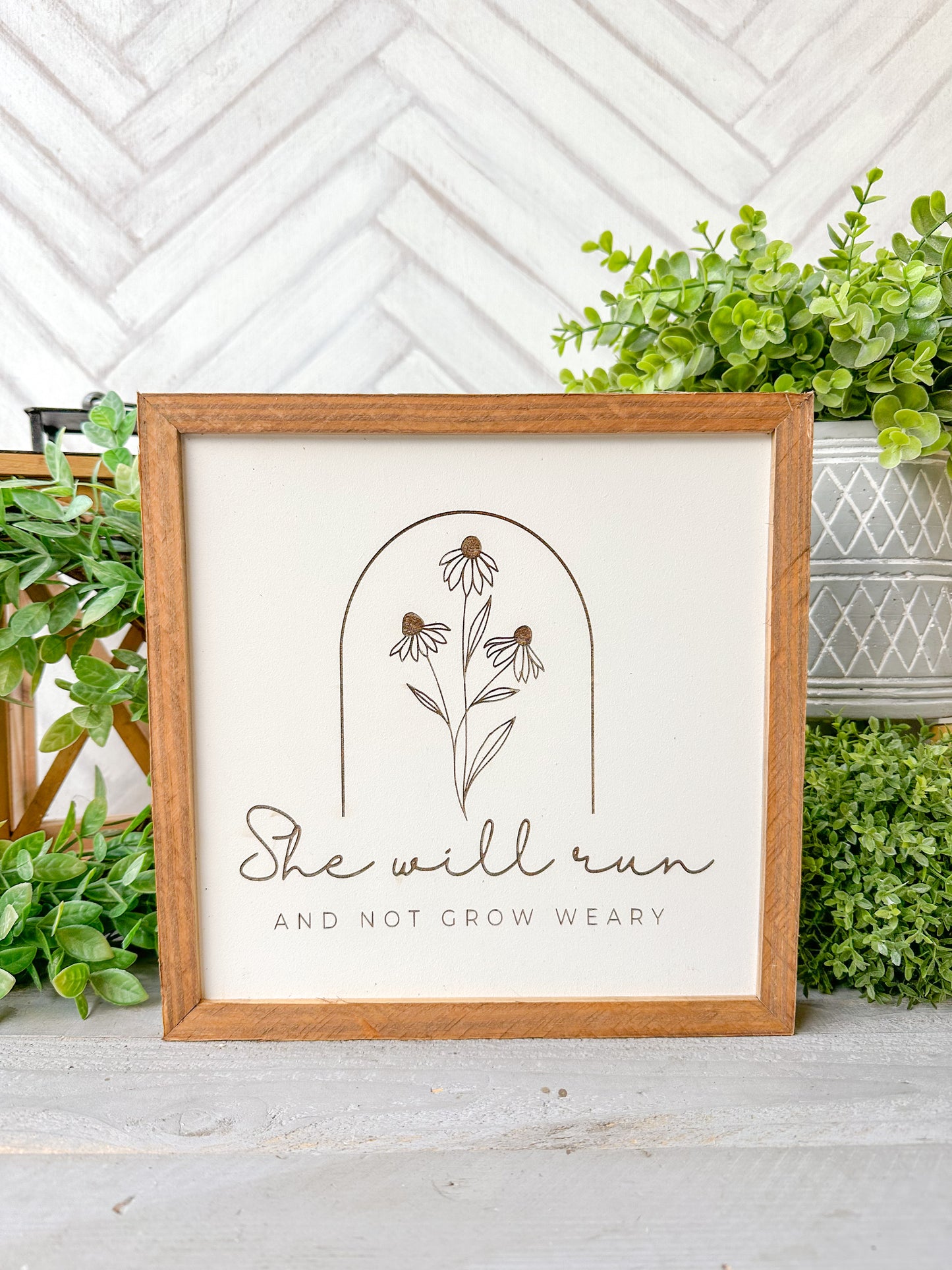 She Will Run and Not Grow Weary Laser Engraved Wooden Sign