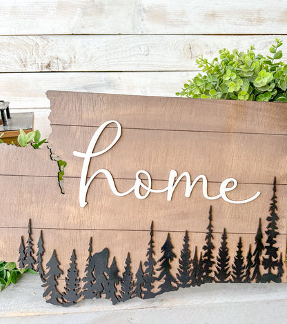 Washington State Home Sign with Bigfoot – Rustic PNW Wall Art