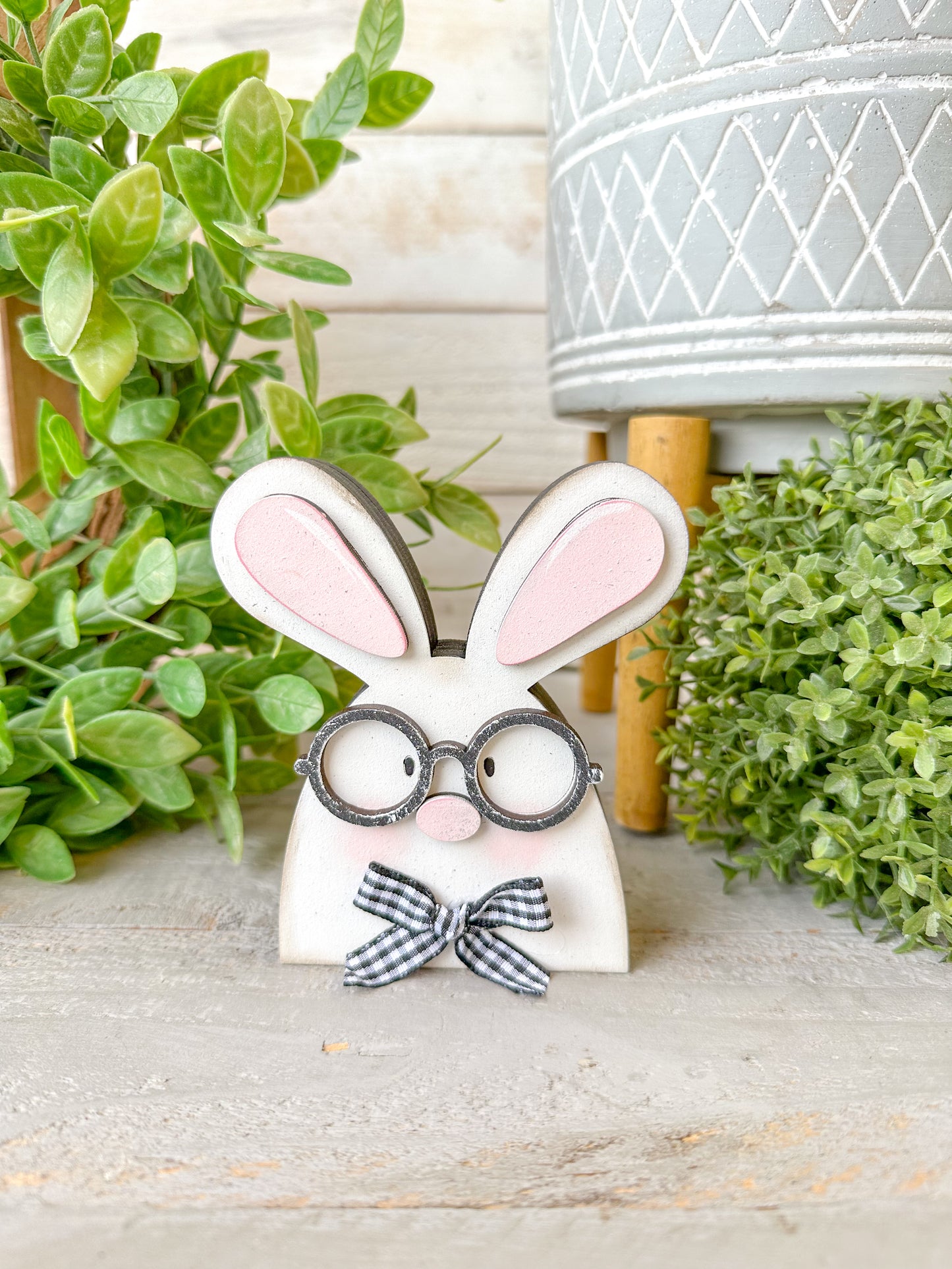 Handmade Nerdy Bunny Wood Decor – Rustic Easter Tiered Tray Accent