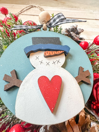 Handcrafted Snowman Ornament with Hat and Heart