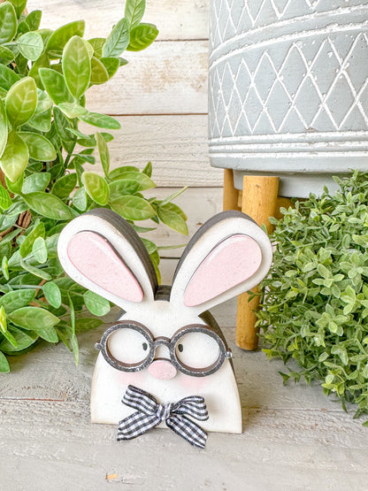 Handmade Nerdy Bunny Wood Decor – Rustic Easter Tiered Tray Accent