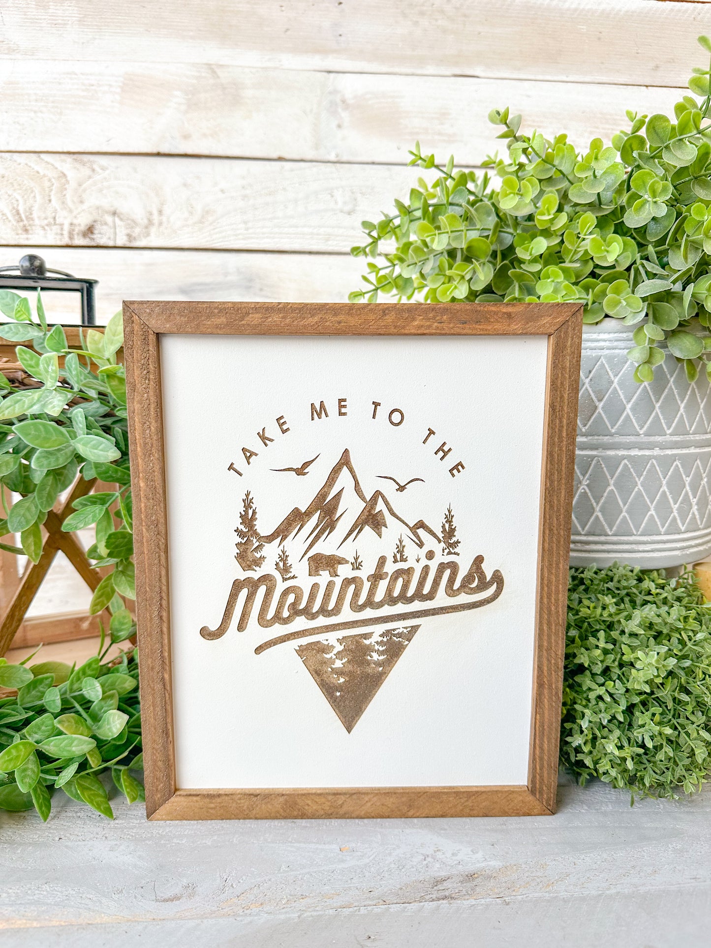 Take me to the mountains. Laser engraved wood sign.