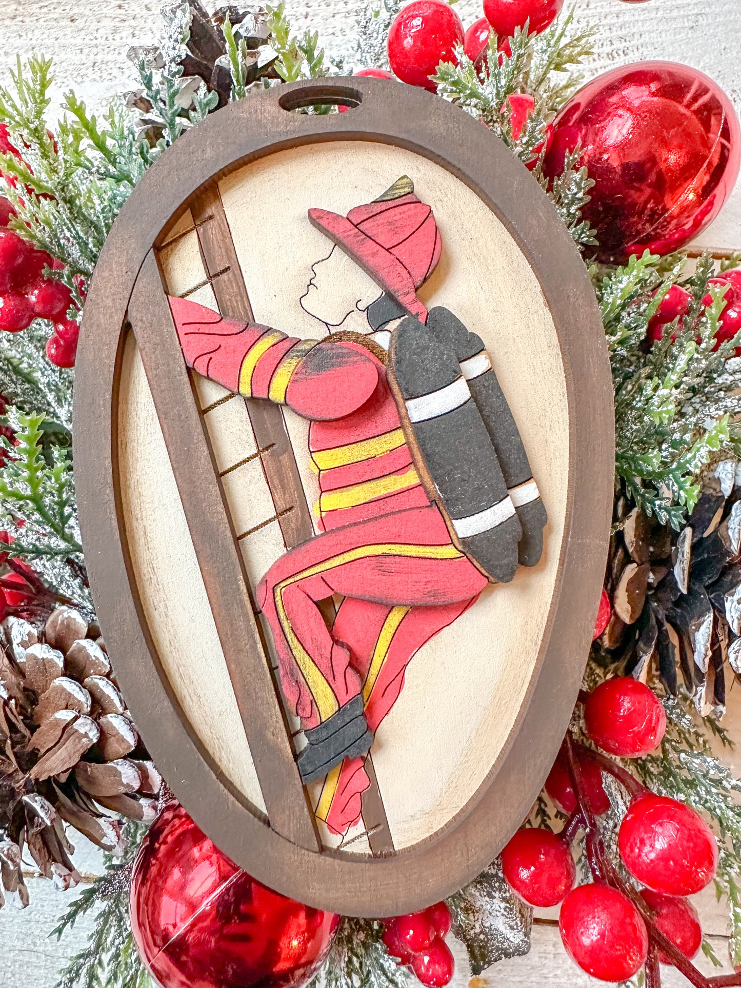 Firefighter Ornament – Handcrafted Wood Keepsake for Firefighter Appreciation, Fireman’s Wife Gift, Firefighter Christmas Tree Decor