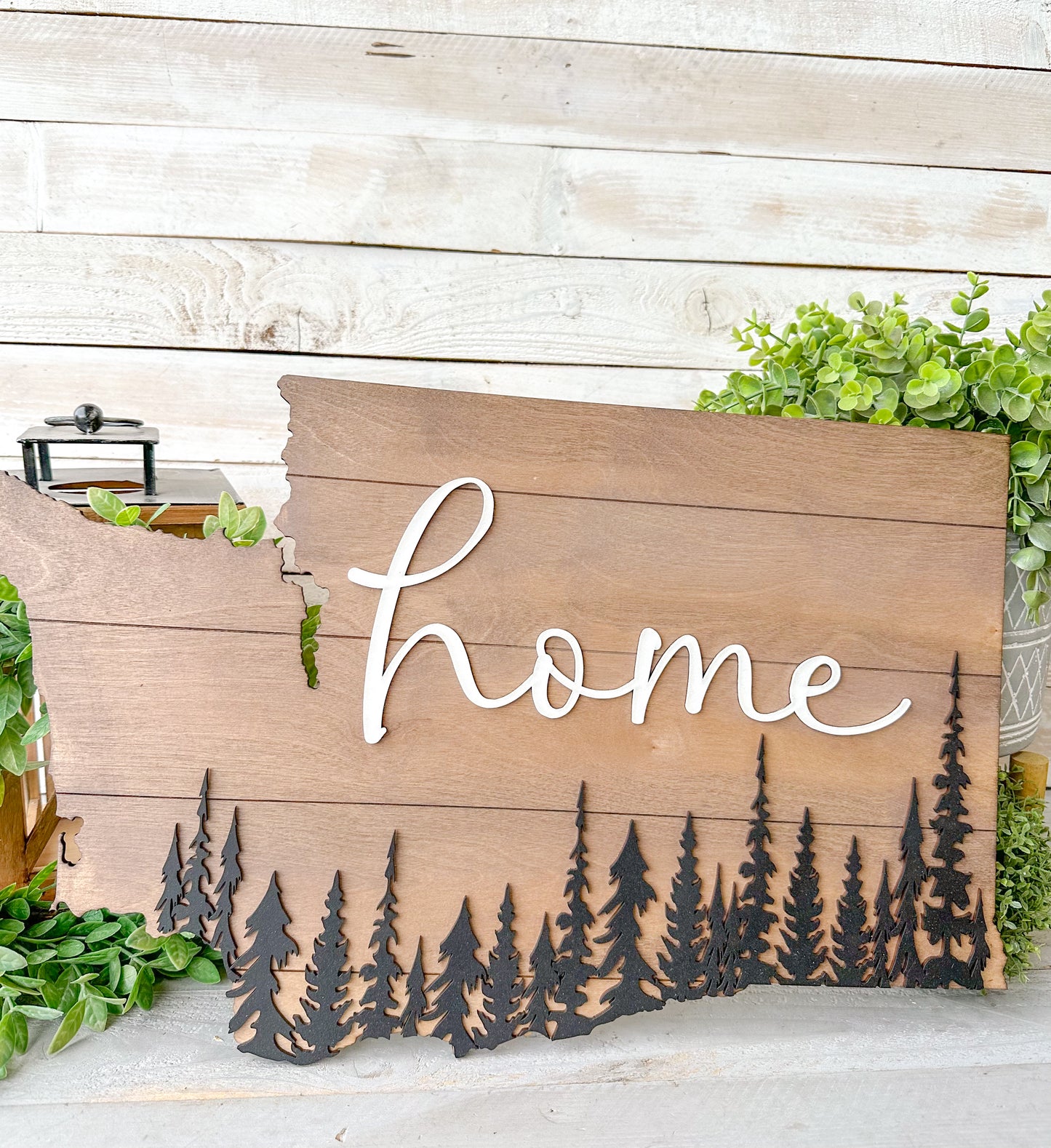 Washington State Home Wood Sign – Rustic Wall Decor with Evergreen Trees