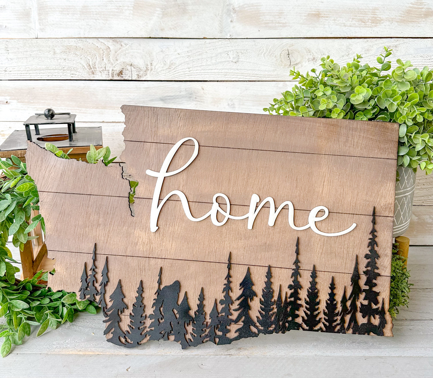 Washington State Home Sign with Bigfoot – Rustic PNW Wall Art