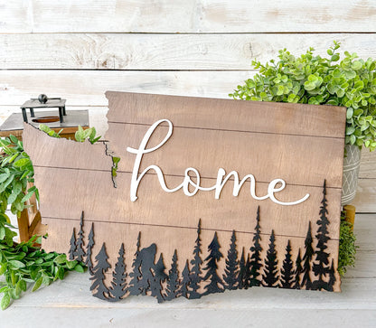 Washington State Home Sign with Bigfoot – Rustic PNW Wall Art