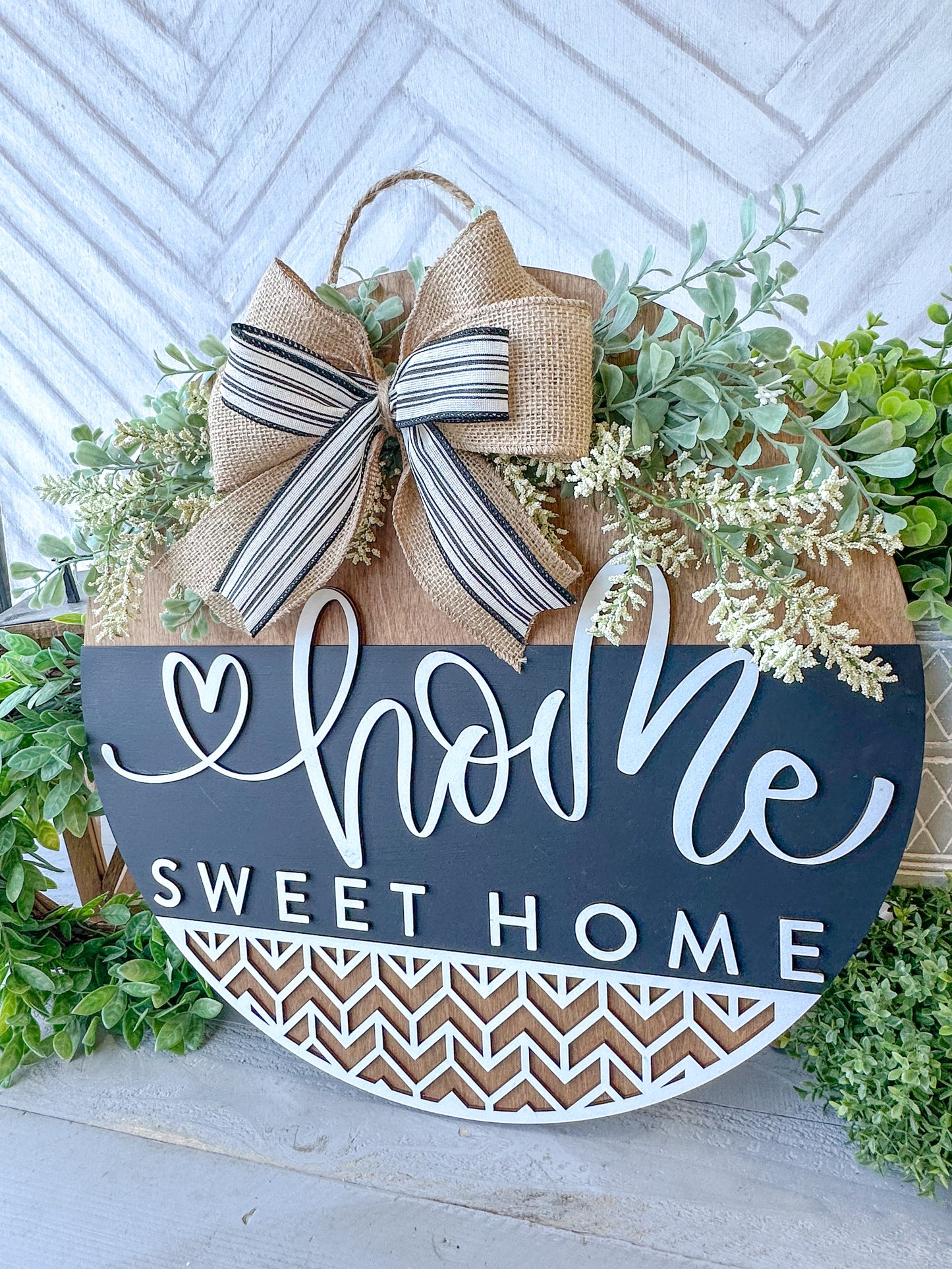 Home Sweet Home Sign - 18” Handcrafted Wood Round with Burlap Bow & Greenery