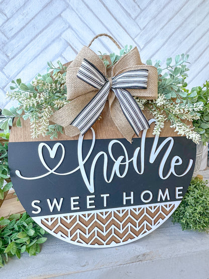 Home Sweet Home Sign - 18” Handcrafted Wood Round with Burlap Bow & Greenery