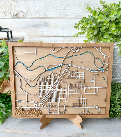 Buckley, Washington 3D Wooden Map – Custom Laser-Cut City Street Map