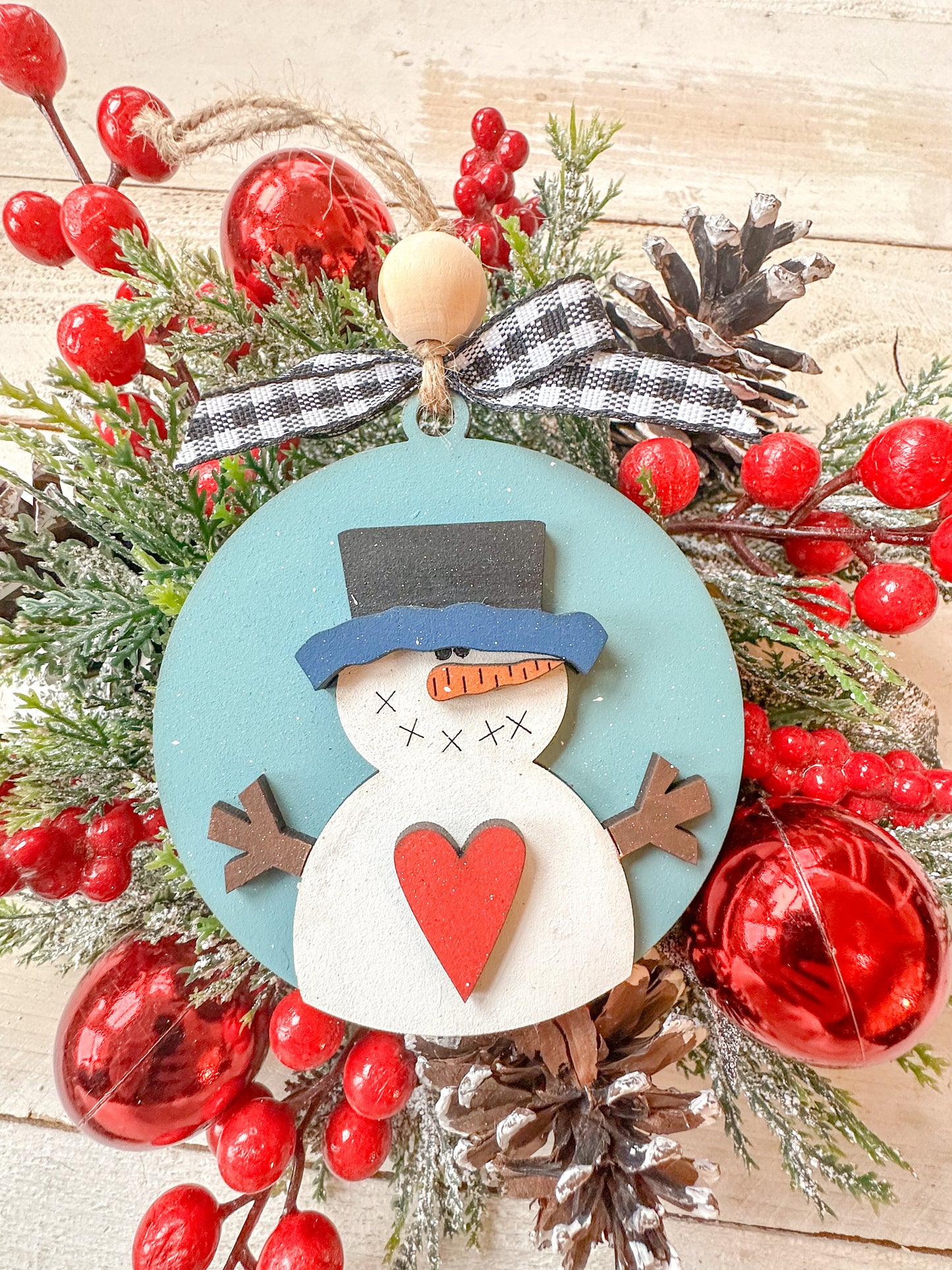 Handcrafted Snowman Ornament with Hat and Heart