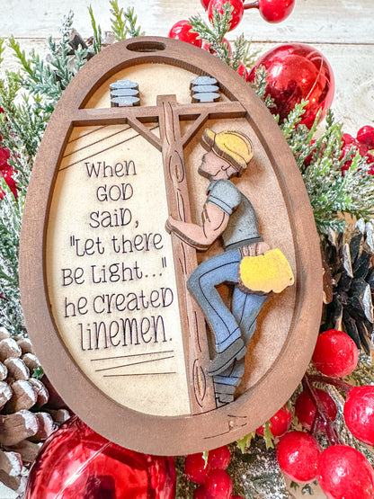 Lineman Ornament – "Let There Be Light" Tribute Gift, Handcrafted 5x3 Inch Wooden Keepsake