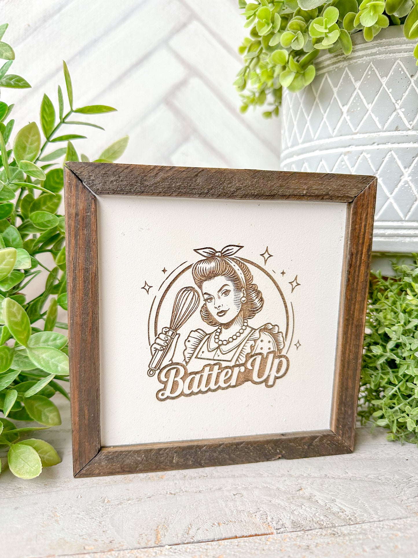 Batter Up Vintage-Inspired Laser Engraved Wooden Sign