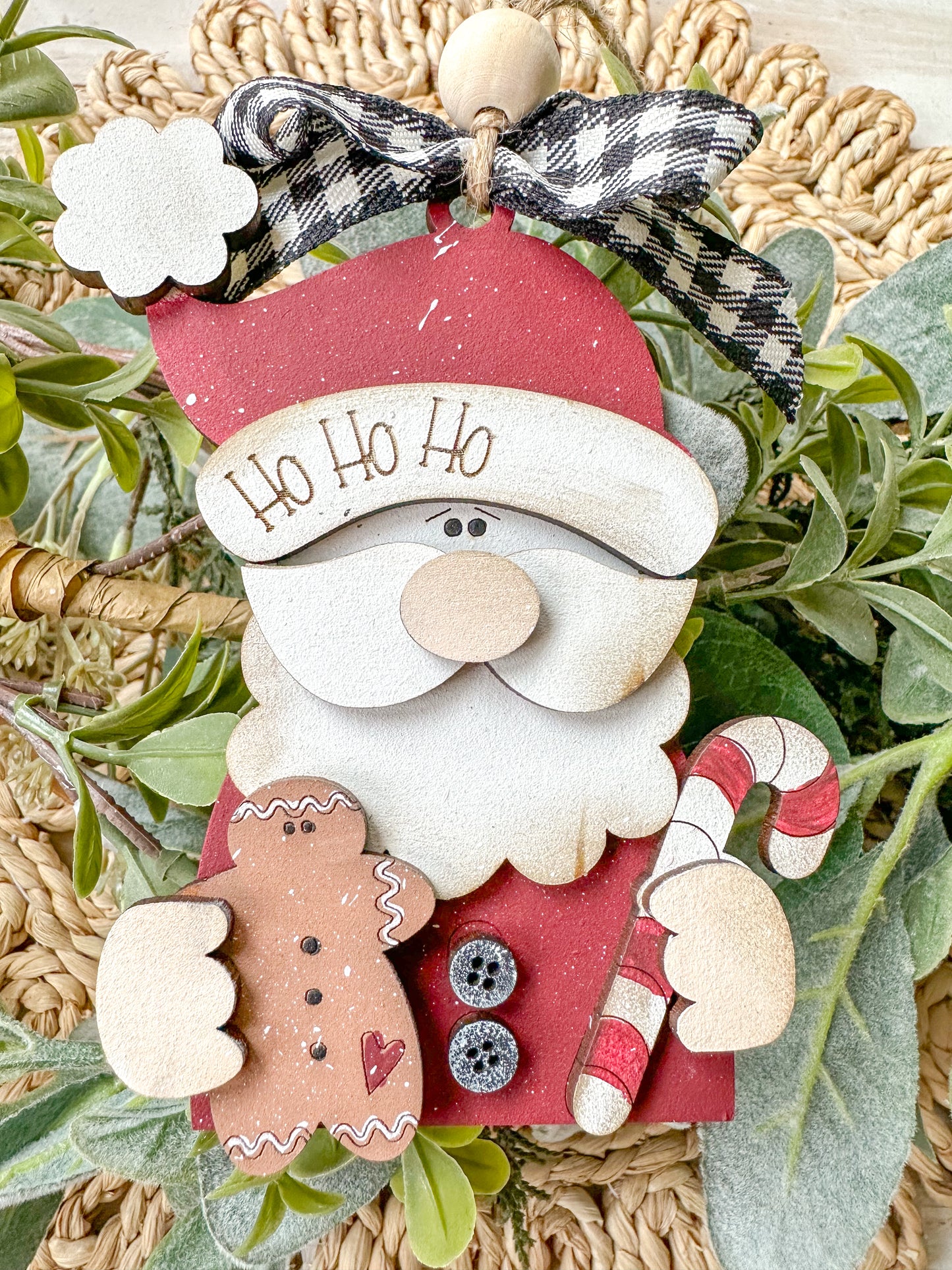 Hand-Painted Santa Ornament - 3D Wooden Christmas Decor with Gingerbread & Candy Cane