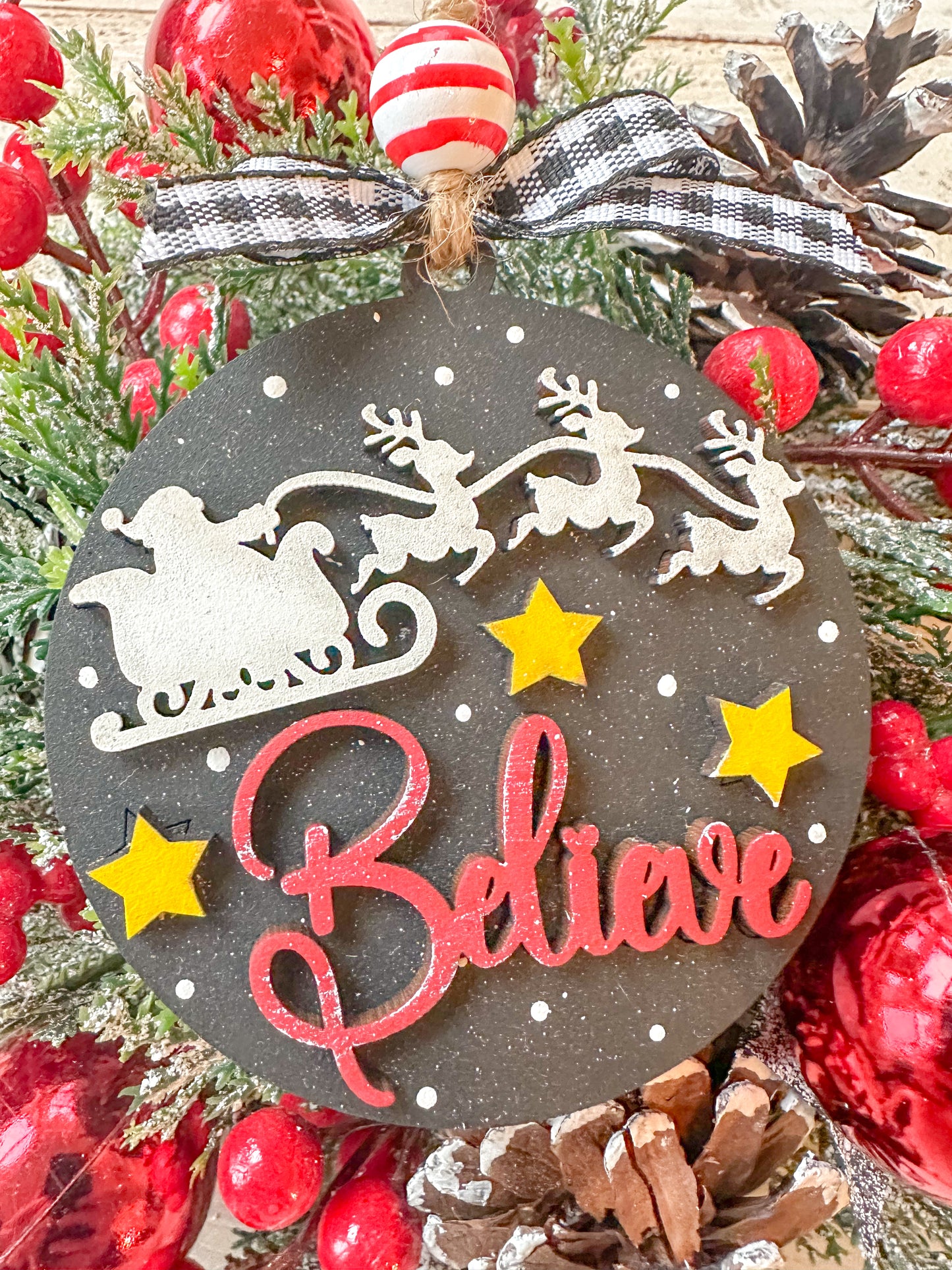 Believe Christmas Ornament – Santa Sleigh Holiday Decor, Handcrafted 4-Inch Wooden Ornament