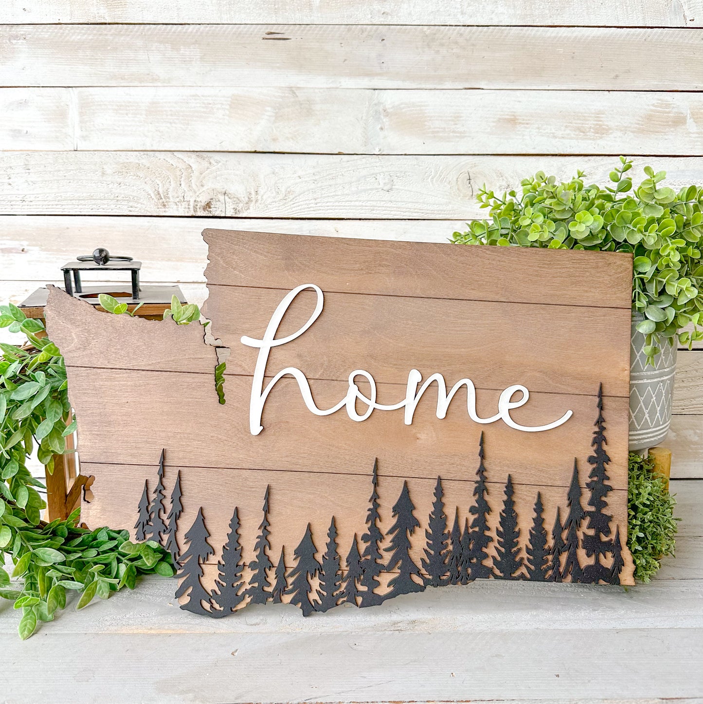 Washington State Home Wood Sign – Rustic Wall Decor with Evergreen Trees