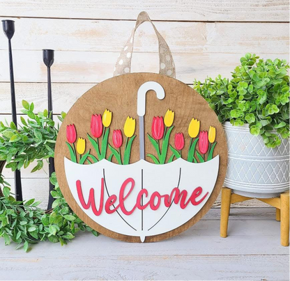 Welcome tulip umbrella wooden round