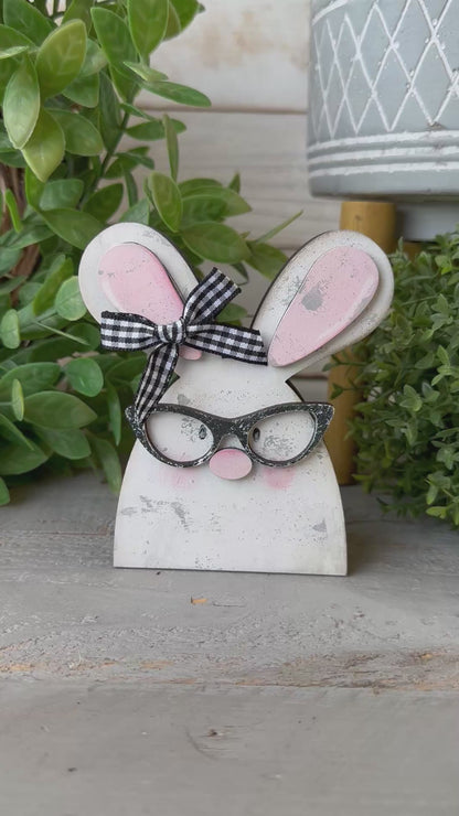 Handmade Nerdy Bunny Wood Decor – Rustic Easter Tiered Tray Accent