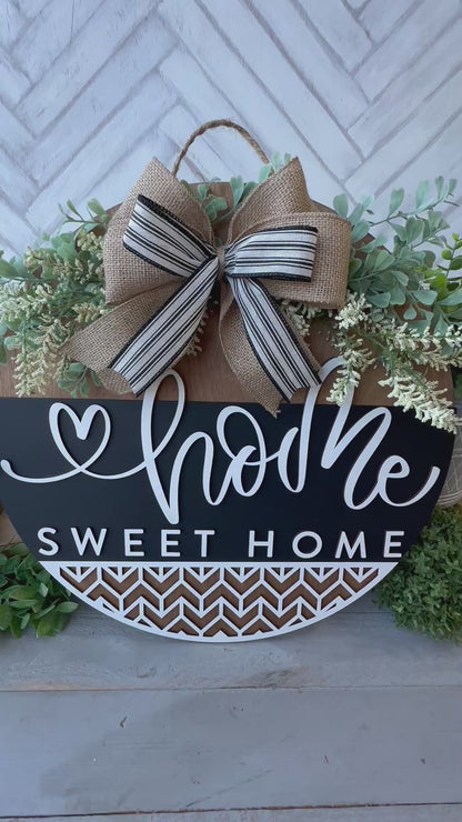 Home Sweet Home Sign - 18” Handcrafted Wood Round with Burlap Bow & Greenery