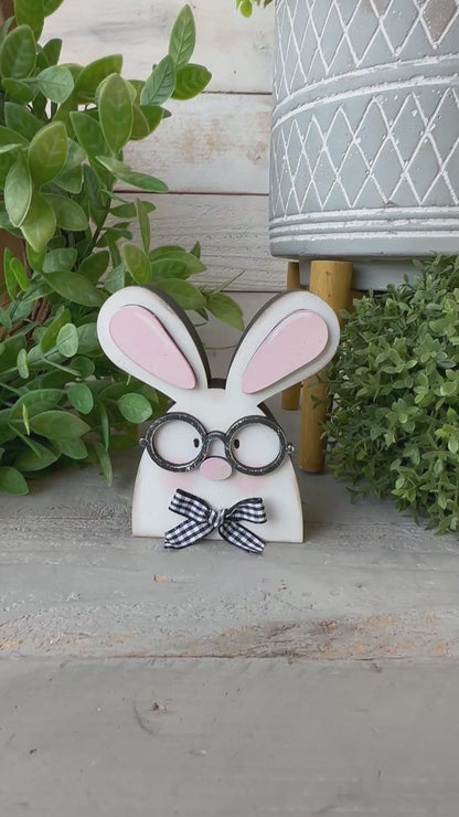 Handmade Nerdy Bunny Wood Decor – Rustic Easter Tiered Tray Accent
